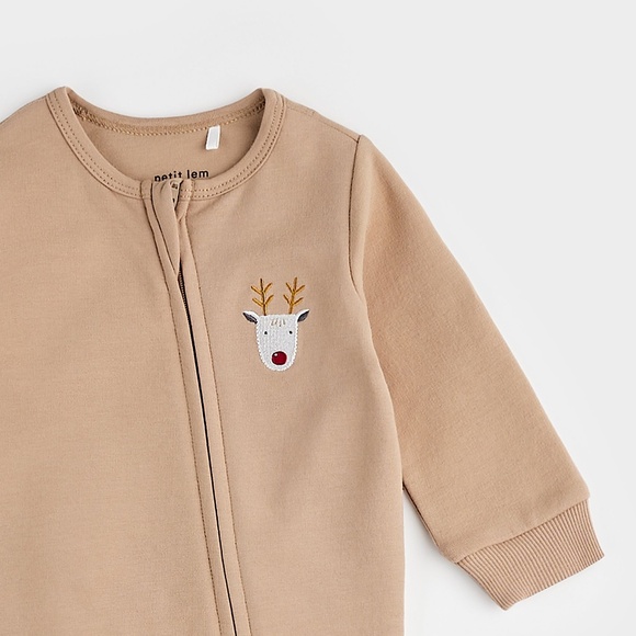 Petit Lem Little Reindeer on Taupe Organic Fleece Playsuit 3M NWT - Picture 8 of 9
